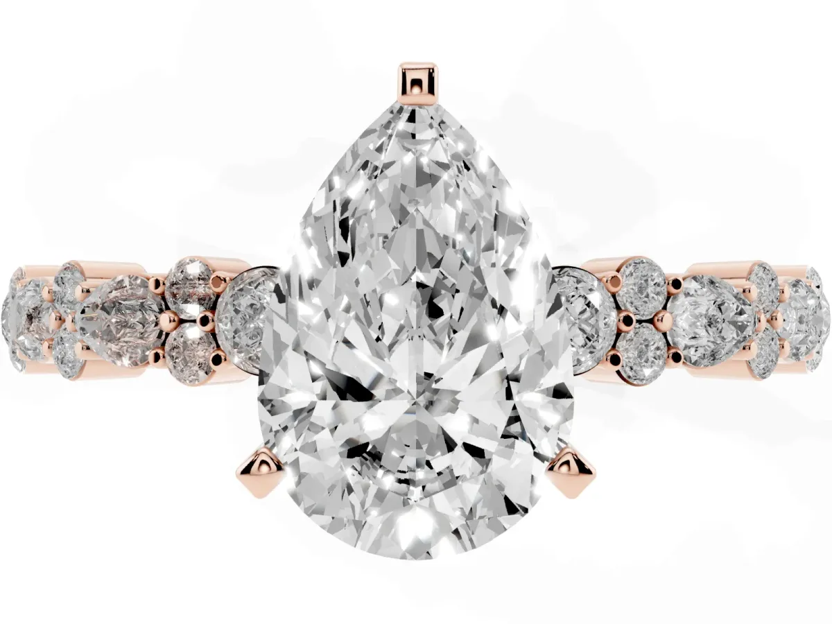 Pear Cut Diamond Side Stone Solitaire Ring with Round and Four-Prong Setting Rose gold