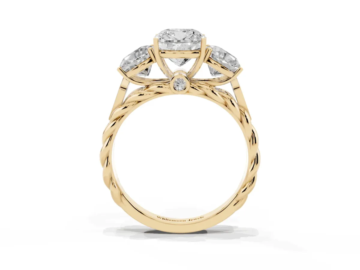 Three-Stone Cushion Cut Diamond Braided Band Ring with Four-Prong Setting Yellow gold