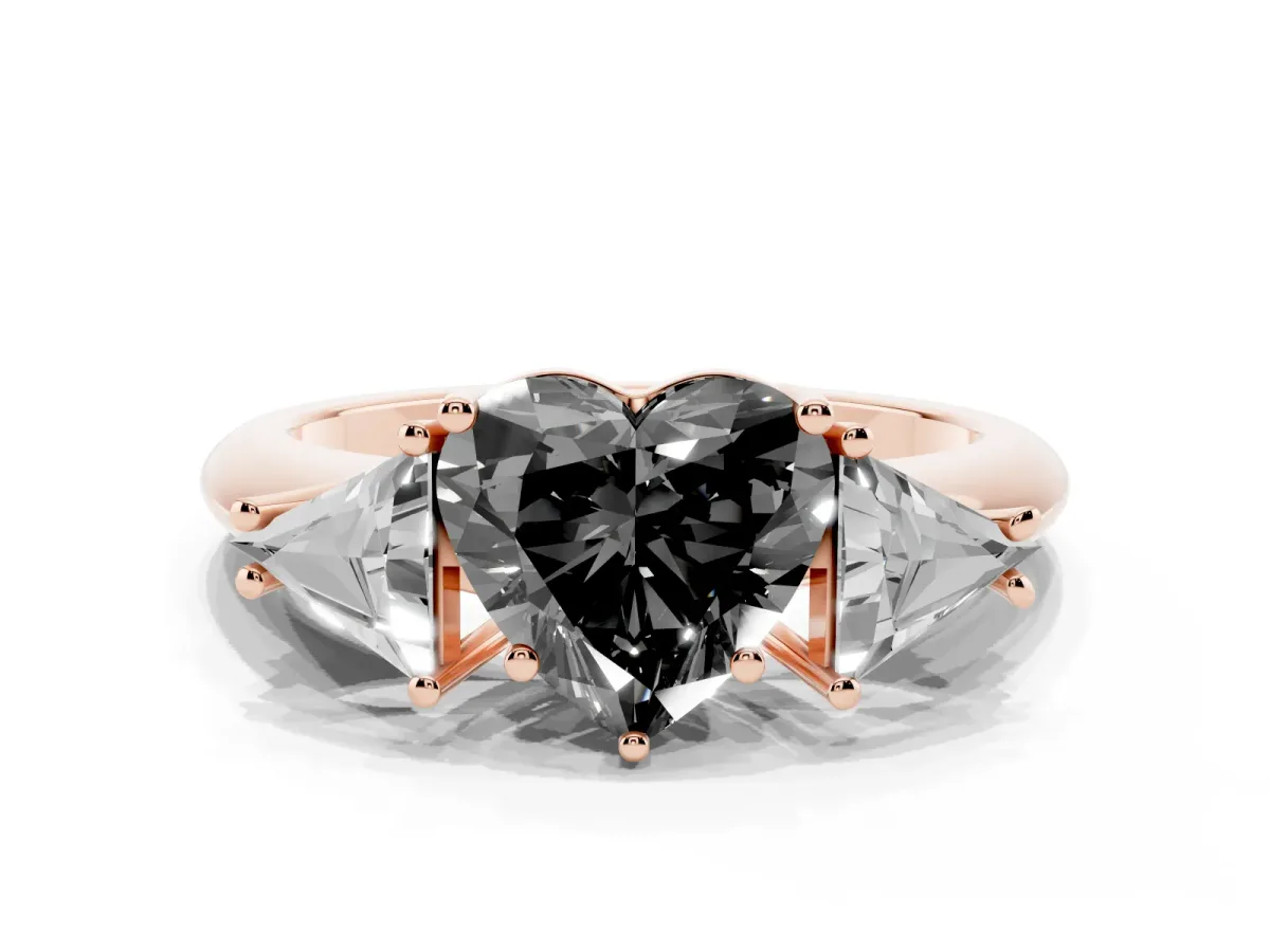 Fancy Black Three-Stone Heart Cut Diamond Engagement Ring with Trillion Side Stones and Prong Setting Rose gold