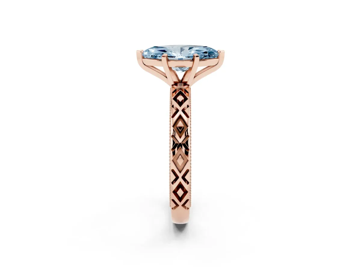 Fancy Blue Marquise Cut Solitaire Diamond Ring with Milgrain and Black Enamel X Pattern Band Rose gold
