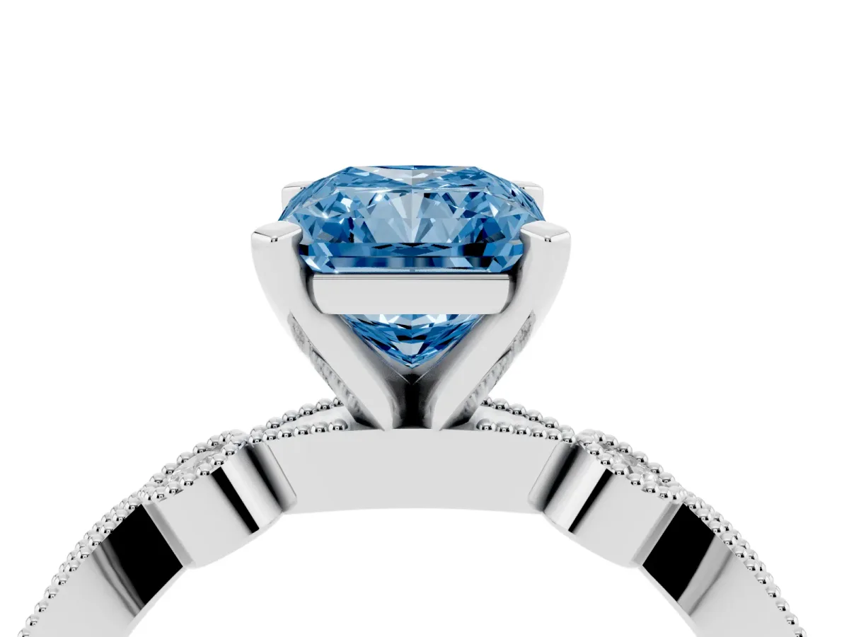 Fancy Blue Radiant Cut Milgrain Bezel Diamond Engagement Ring with Solitaire Prong Setting Silver