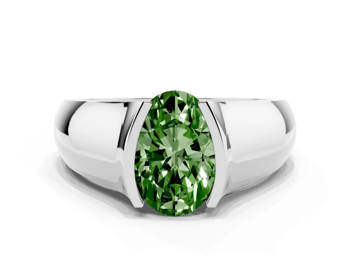 Fancy Green Oval Cut Solitaire Bezel Set Diamond Ring with Wide Band Platinum