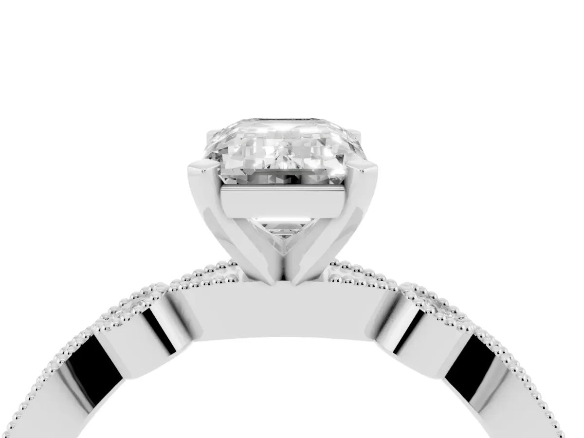 Emerald Cut Milgrain Bezel Diamond Engagement Ring with Solitaire Prong Setting Silver