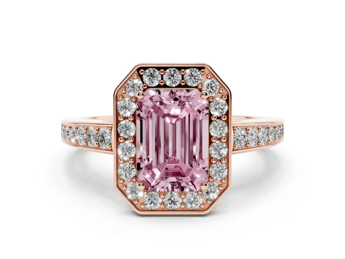 Fancy Pink Emerald Cut Halo Pavé Diamond Engagement Ring with Bezel Setting Rose gold