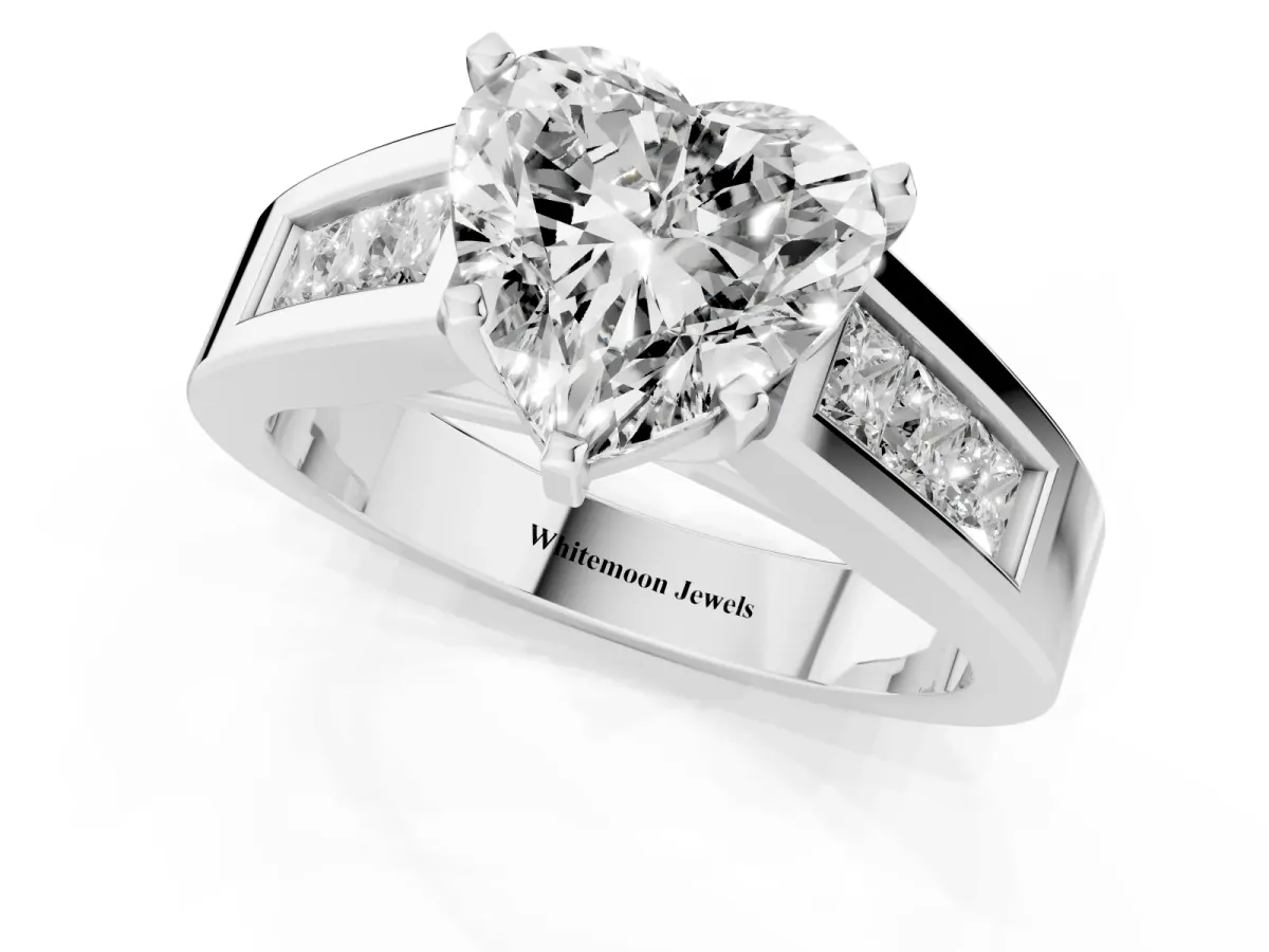 Heart Cut Cut Channel Set Solitaire Ring with Four-Prong Setting Silver