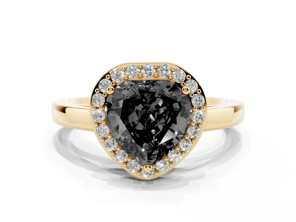 Fancy Black Heart Cut Halo Diamond Ring with Solitaire Band and Prong Setting Yellow gold