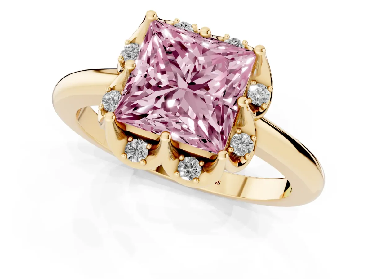 Fancy Pink Princess Cut Halo Diamond Ring with Round Cluster Setting, Solitaire Band, and Four-Prong Setting Yellow gold