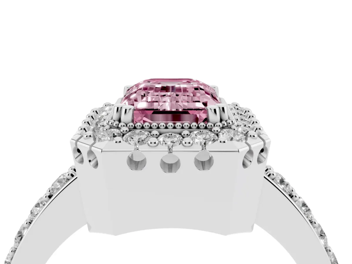 Fancy Pink Emerald Cut Diamond Halo Ring with Pavé Band and Prong Setting Platinum