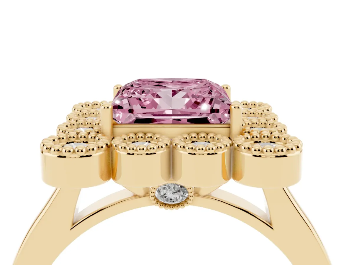 Fancy Pink Princess Cut Halo Diamond Cluster Engagement Ring with Milgrain Bezel Setting and Solitaire Band Yellow gold