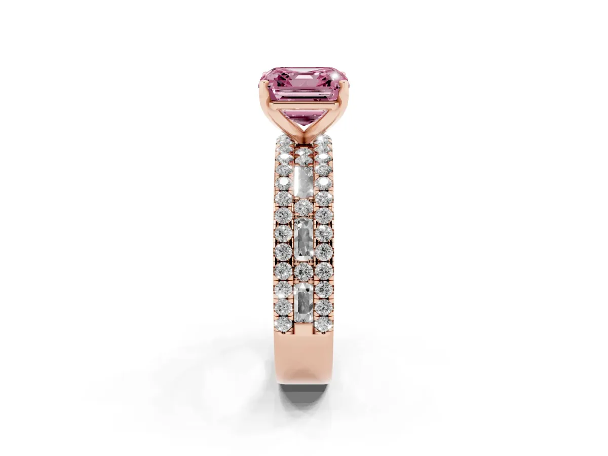 Fancy Pink Asscher Cut Diamond Solitaire Ring with Pavé and Channel Set Band Rose gold