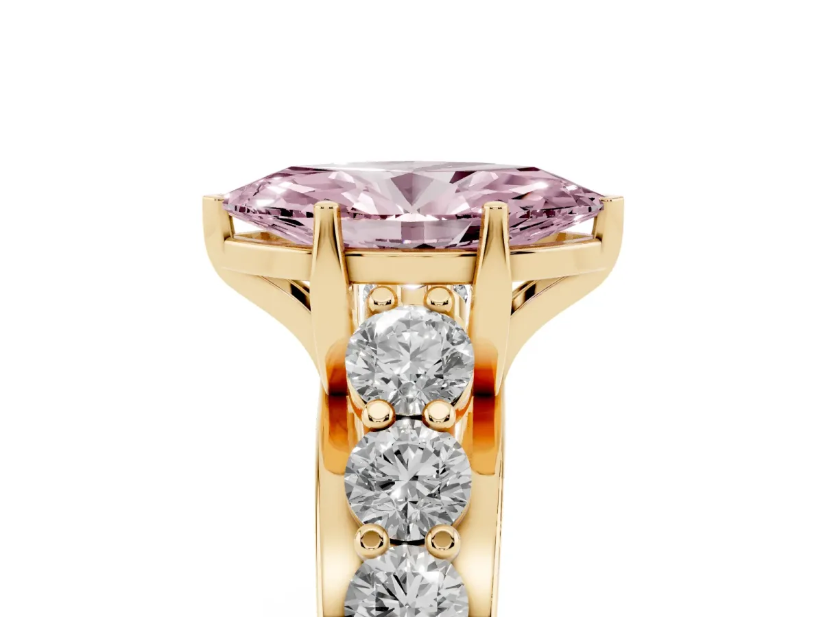 Fancy Pink Marquise Cut Diamond Engagement Ring with Pavé Band and Four-Prong Setting Yellow gold