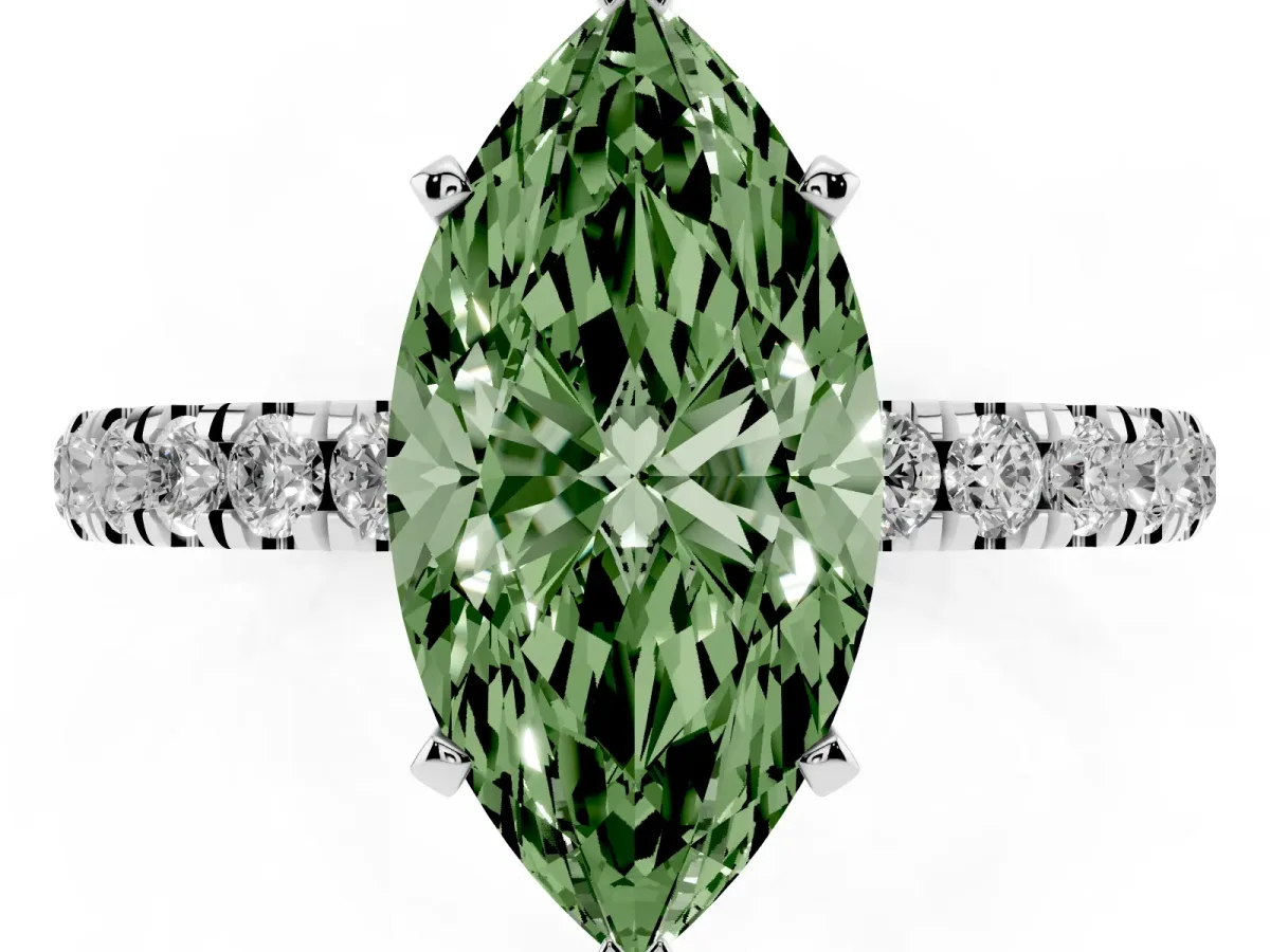 Fancy Green Marquise Cut Diamond Solitaire Ring with Pavé Accents and Four-Prong Setting Platinum