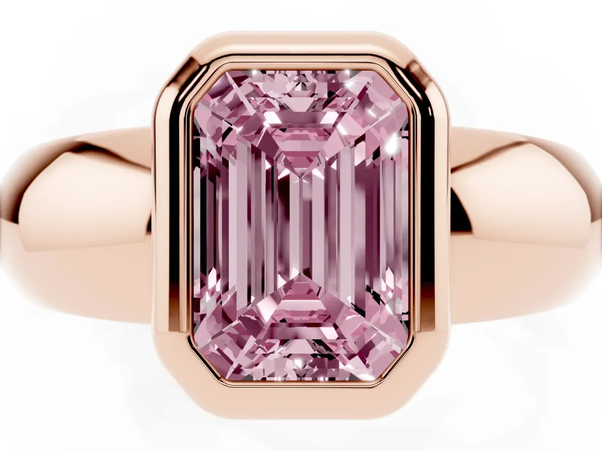 Fancy Pink Bezel Set Emerald Cut Solitaire Ring with Wide Band Rose gold