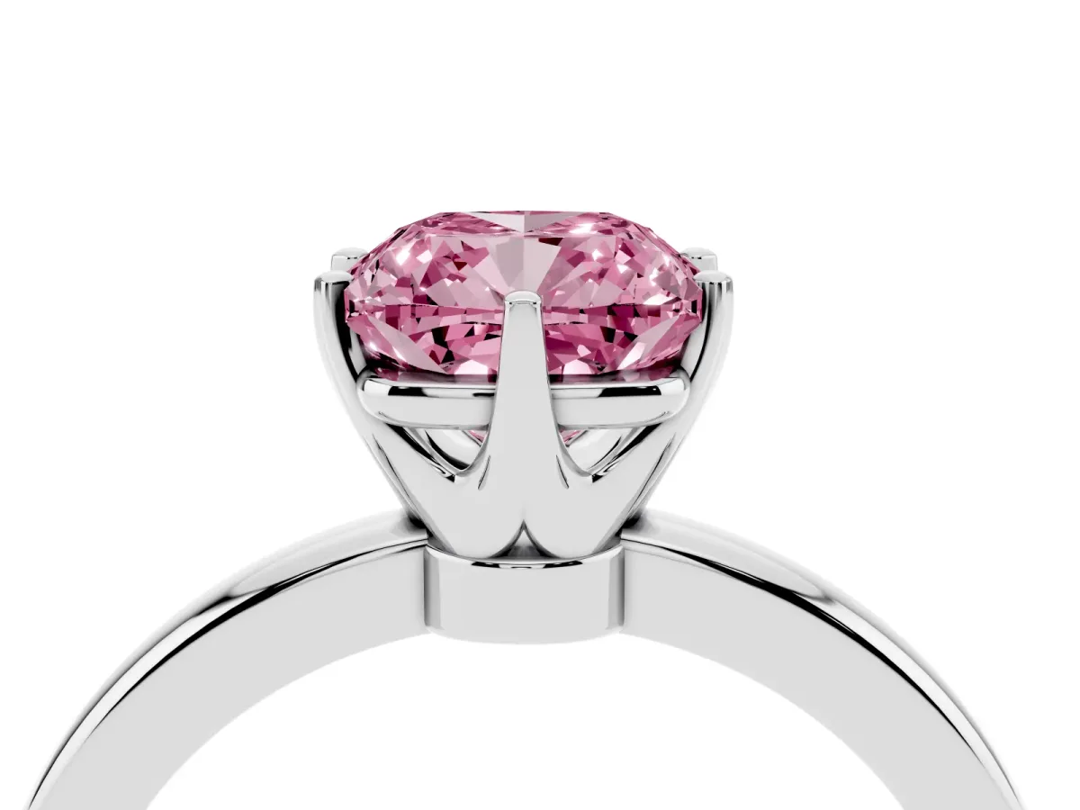 Fancy Pink Cushion Cut Solitaire Diamond Ring with Six-Prong Setting on a Classic Band Silver