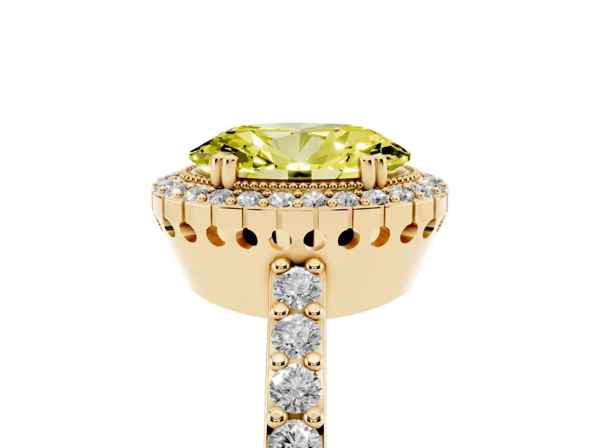 Fancy Yellow Oval Cut Cut Diamond Halo Engagement Ring with Milgrain Detail and Pavé Band Yellow gold