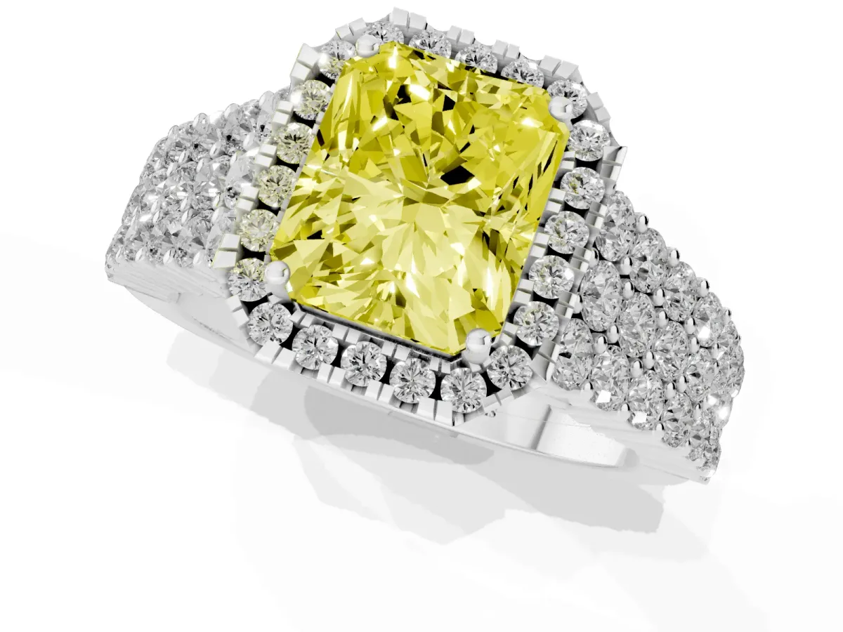 Fancy Yellow Radiant Cut Diamond Halo Engagement Ring with Triple Row Round Pavé Band and Prong Setting Platinum