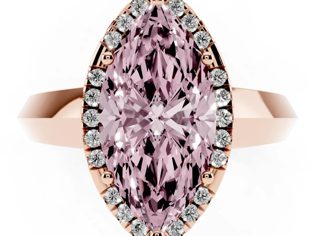 Fancy Pink Marquise Cut Halo Diamond Ring with Cathedral Band and Four-Prong Setting Rose gold