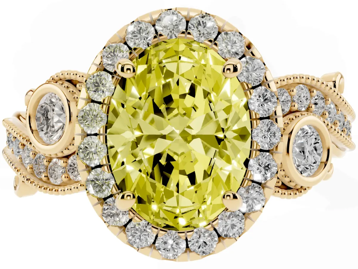 Fancy Yellow Oval Cut Diamond Halo Ring with Milgrain Pavé Band and Four-Prong Setting Yellow gold