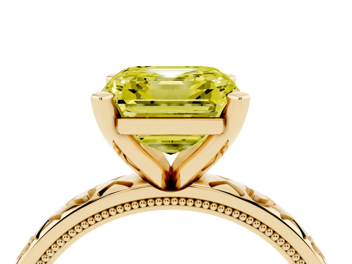 Fancy Yellow Asscher Cut Solitaire Diamond Engagement Ring with XO Engraved Band and Four-Prong Setting Yellow gold