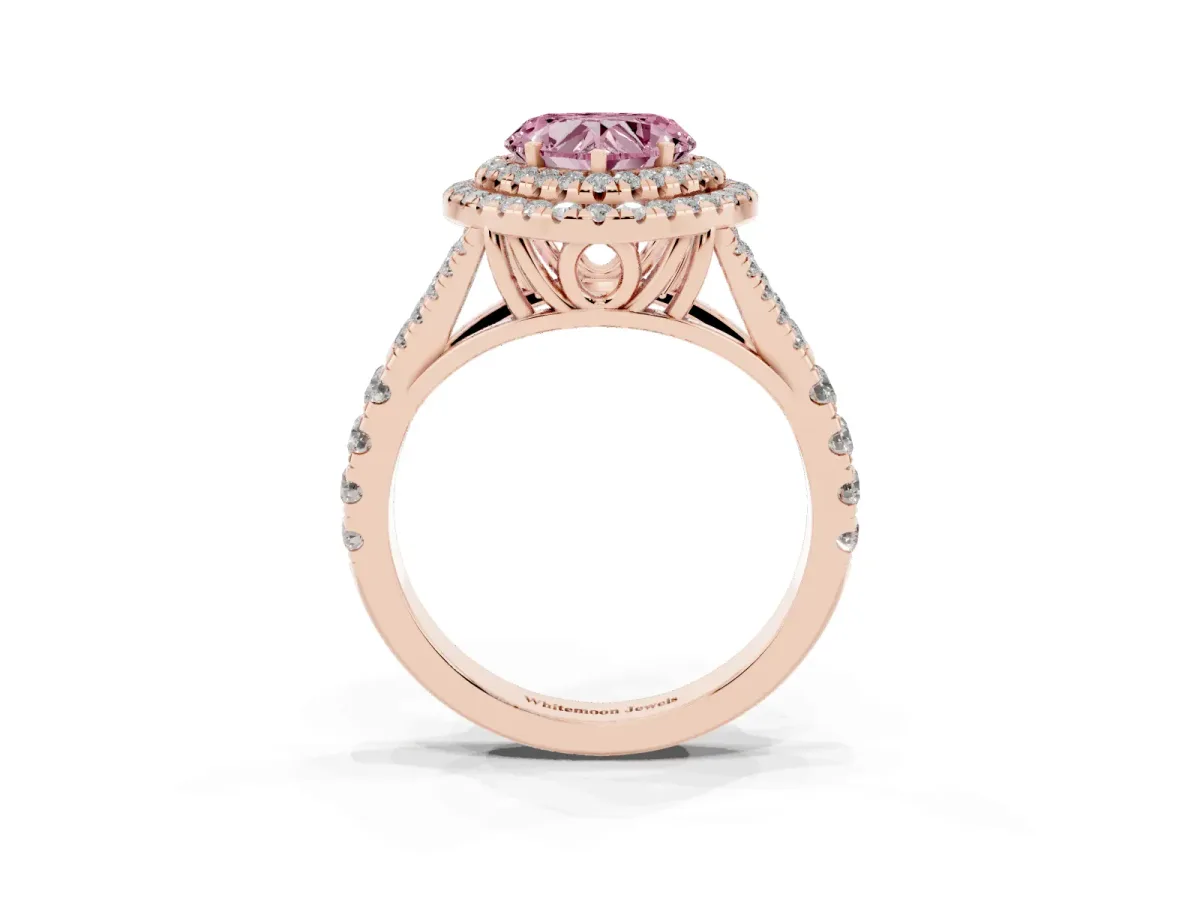 Fancy Pink Heart Cut Cut Double Halo Split Shank Diamond Ring with Prong Setting Rose gold