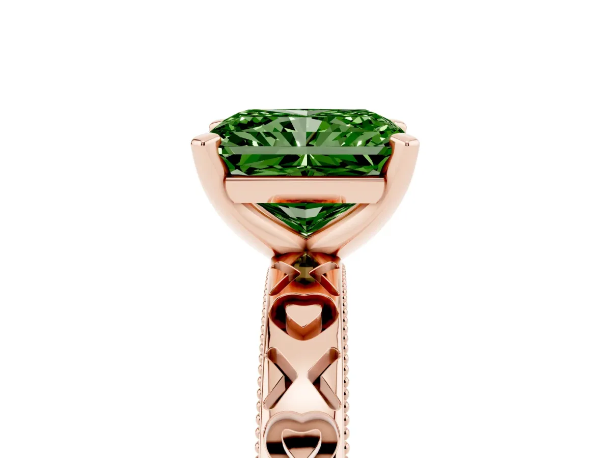 Fancy Green Radiant Cut Solitaire Diamond Engagement Ring with XO Engraved Band and Four-Prong Setting Rose gold