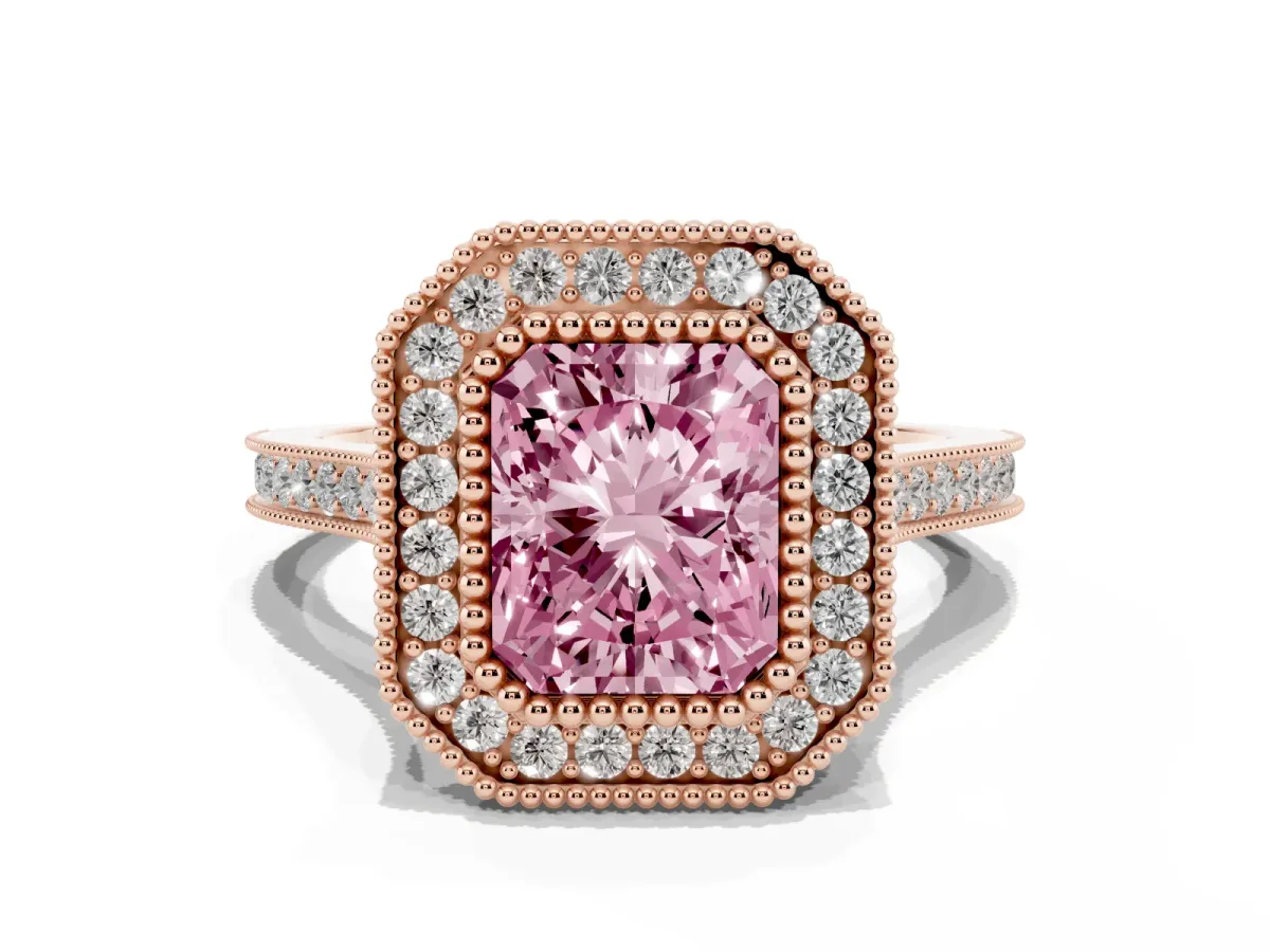 Fancy Pink Radiant Cut Diamond Halo Ring with Milgrain Frame and Pavé Band Rose gold
