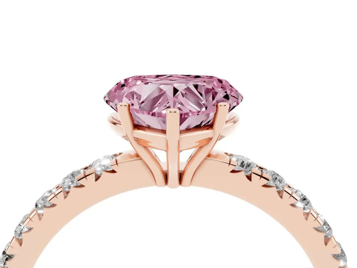 Fancy Pink Heart Cut Diamond Pavé Solitaire Engagement Ring with Four-Prong Setting Rose gold