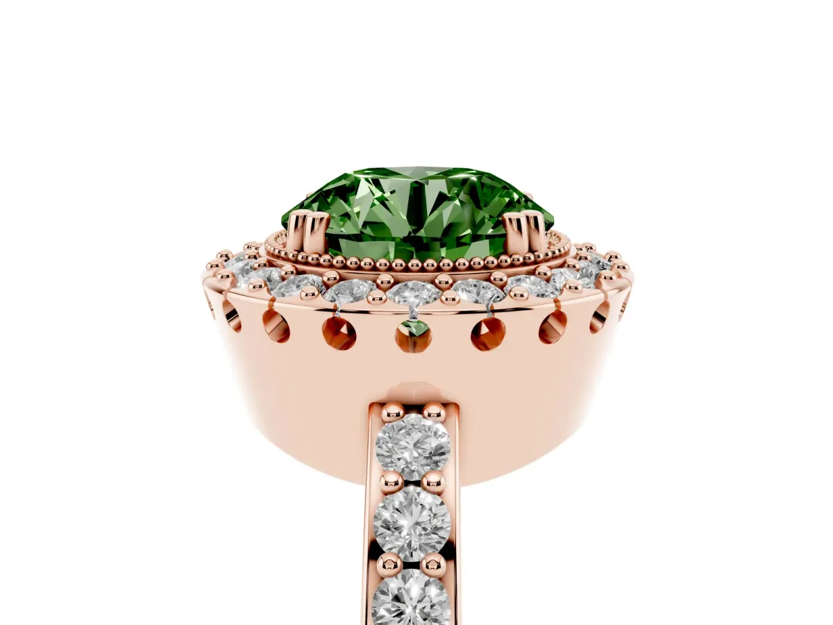 Fancy Green Round Cut Diamond Halo Ring with Pavé Band and Prong Setting Rose gold