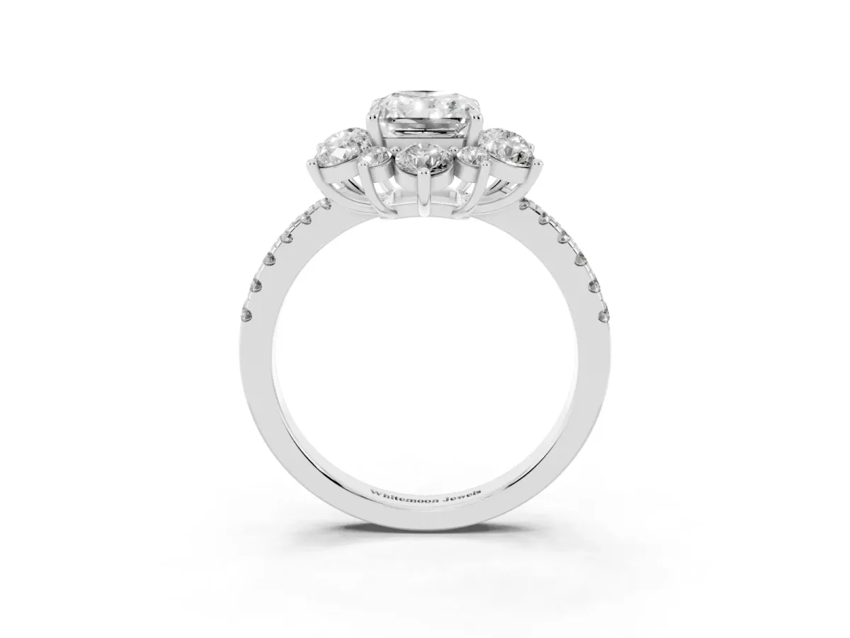 Radiant Cut Diamond Floral Halo Ring with Round Pavé Band and Prong Setting White gold