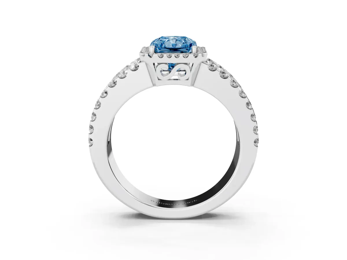 Fancy Blue Radiant Cut Cut Halo Split Shank Diamond Ring with Four-Prong Setting Platinum