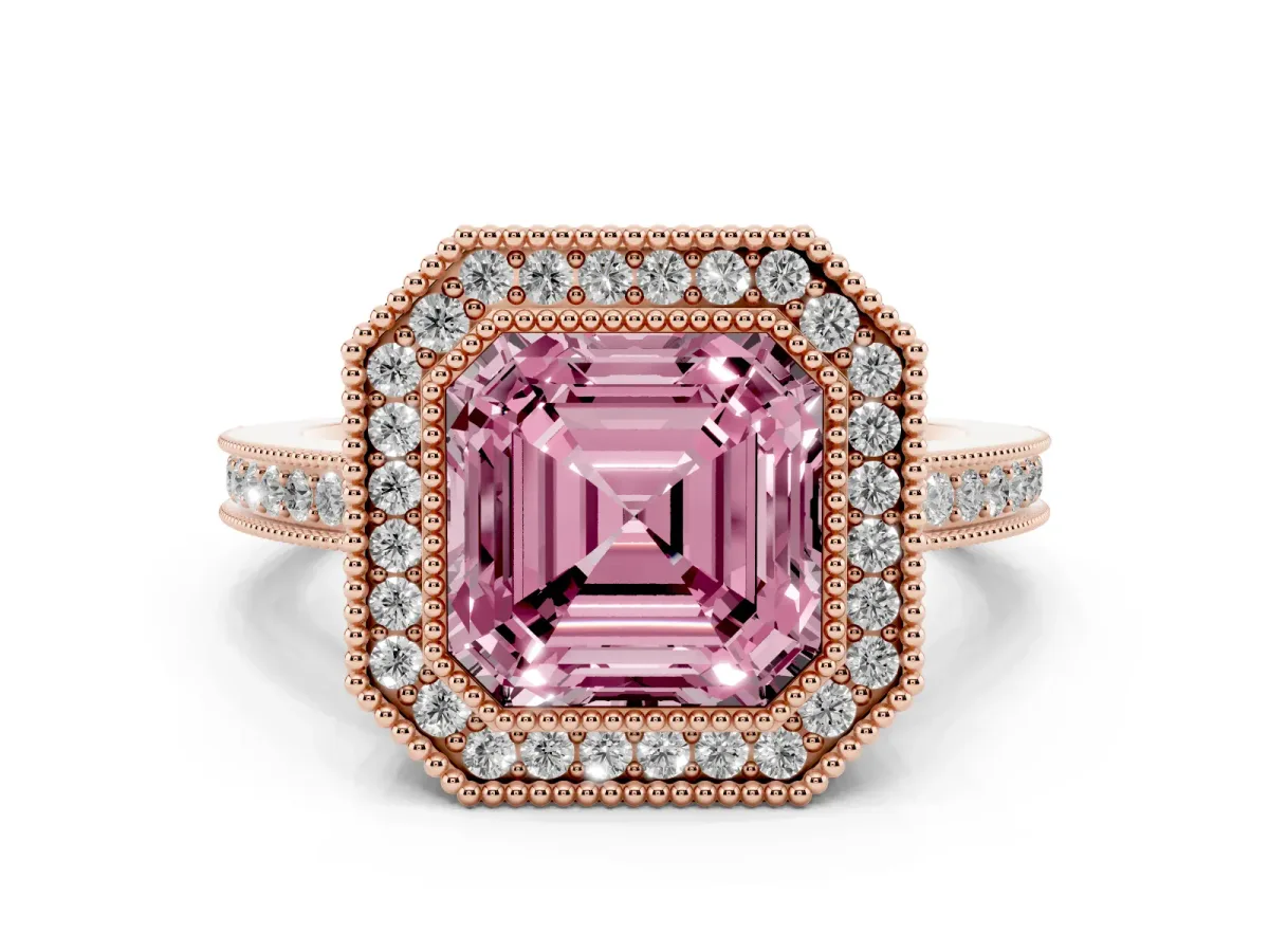 Fancy Pink Asscher Cut Cut Halo Diamond Ring with Pavé Band and Milgrain Prong Setting Rose gold