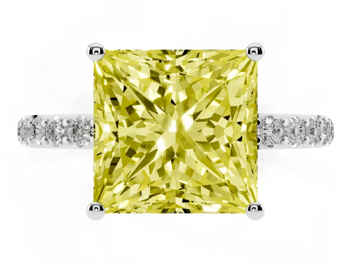 Fancy Yellow Princess Cut Diamond Solitaire Ring with Round Pavé Shoulders and Prong Setting Silver