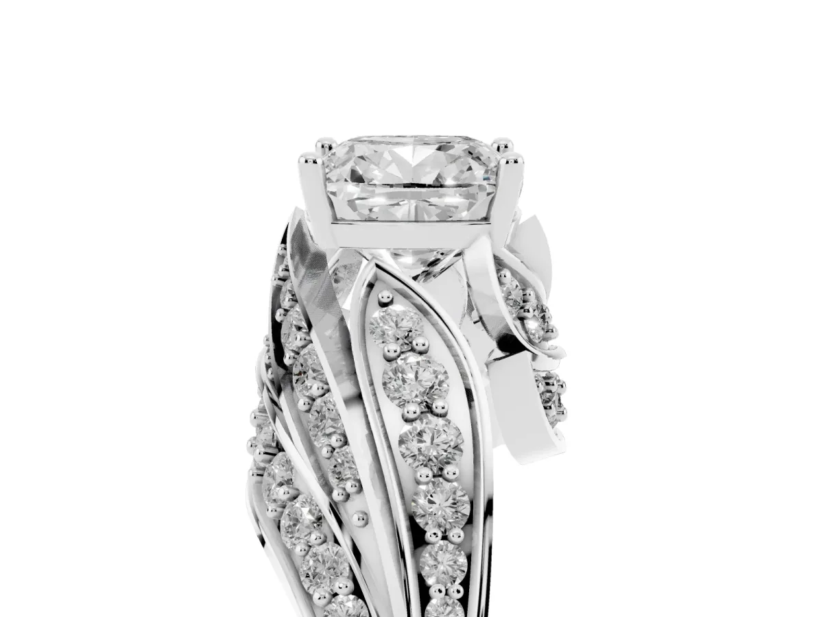Cushion Cut Diamond Solitaire Ring with Prong Setting and Twisted Pavé Band Silver