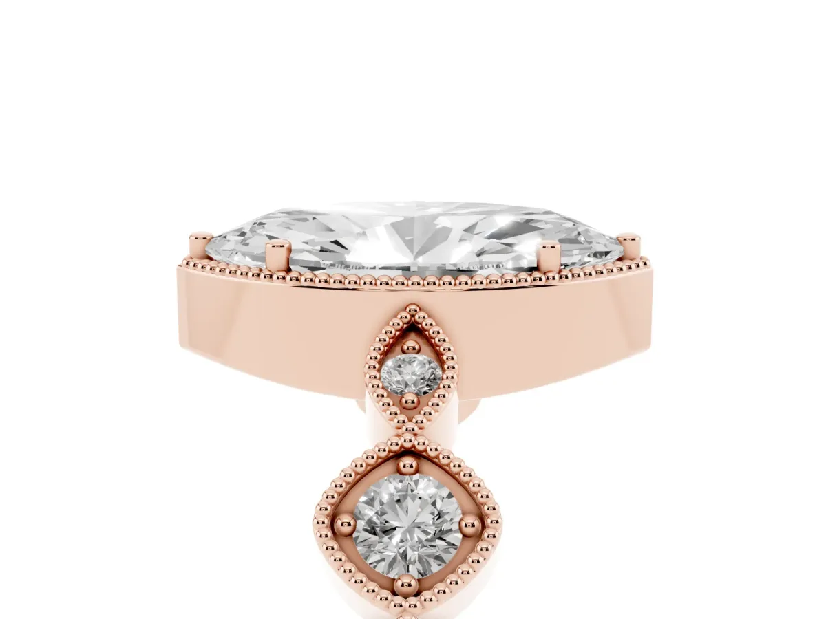 Marquise Cut Diamond Vintage Milgrain Ring with Round Stations Rose gold