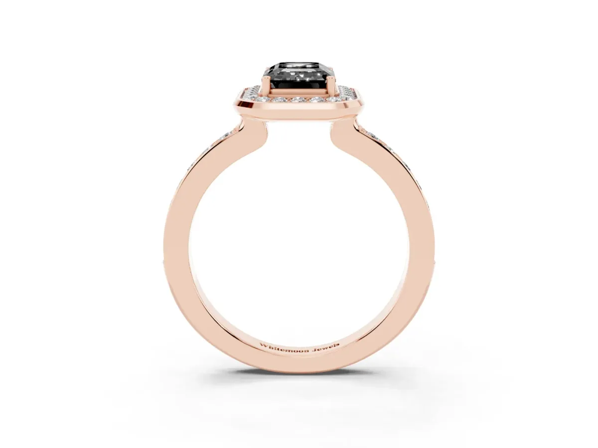 Fancy Black Emerald Cut Diamond Halo Ring with Bezel Frame and Pavé Band Rose gold