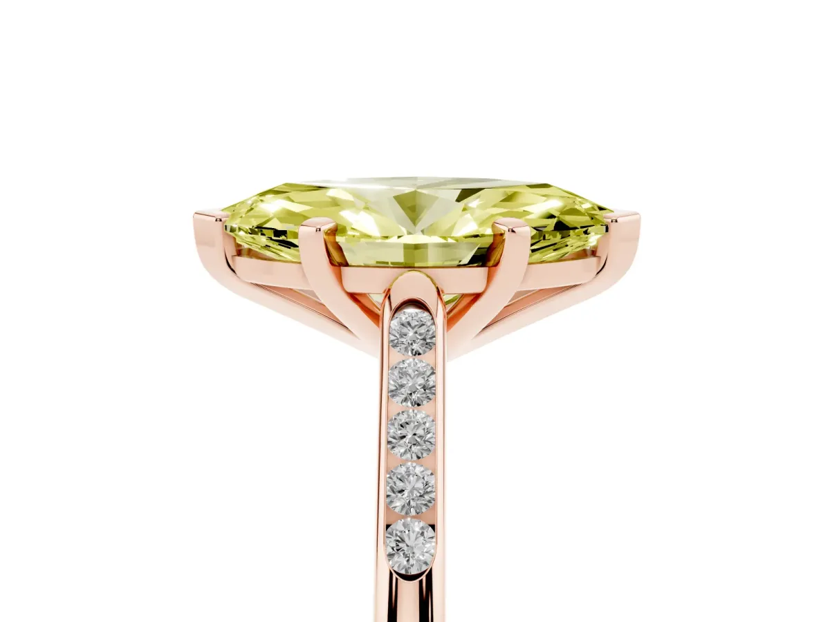 Fancy Yellow Marquise Cut Diamond Solitaire Ring with Channel Set Round Band and Prong Setting Rose gold