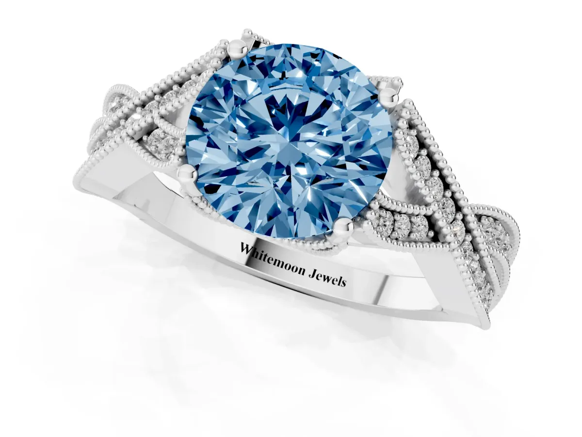Fancy Blue Round Cut Cut Diamond Twisted Band with Milgrain Pave Setting and Four-Prong Setting Silver