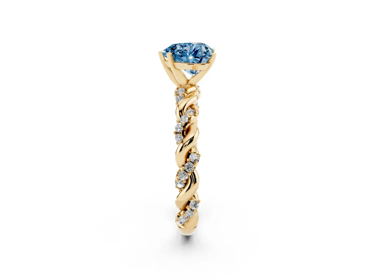 Fancy Blue Heart Cut Diamond Solitaire Ring with Twisted Band and Pavé Accents Yellow gold