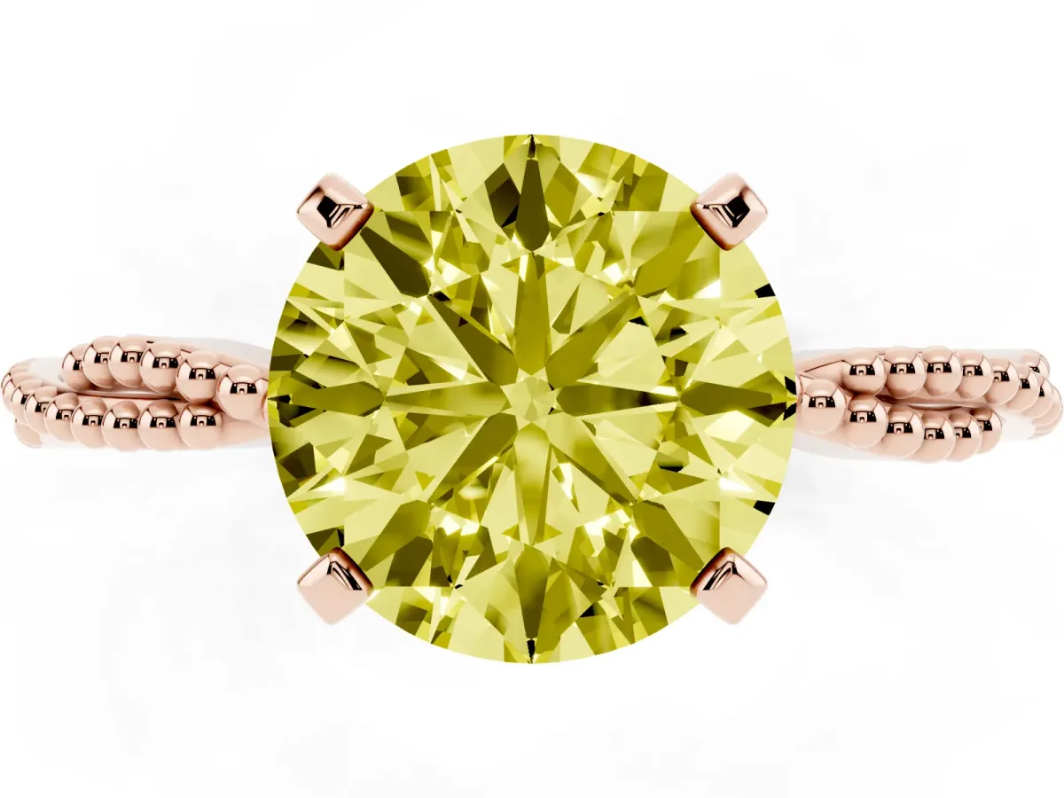 Fancy Yellow Round Cut Solitaire Twisted Band with Bead Prong Setting Rose gold