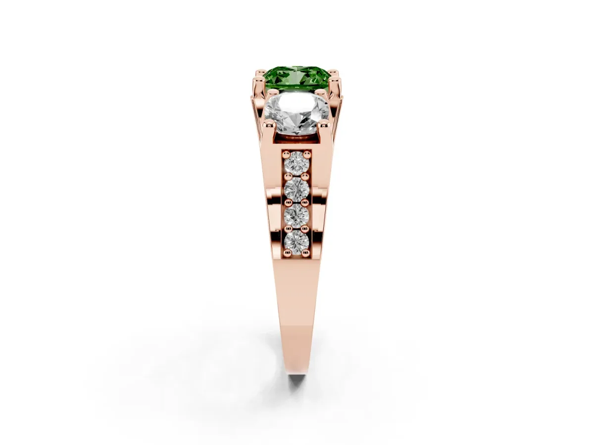 Fancy Green Cushion Cut Diamond Three-Stone Ring with Channel Set Band and Four-Prong Setting Rose gold