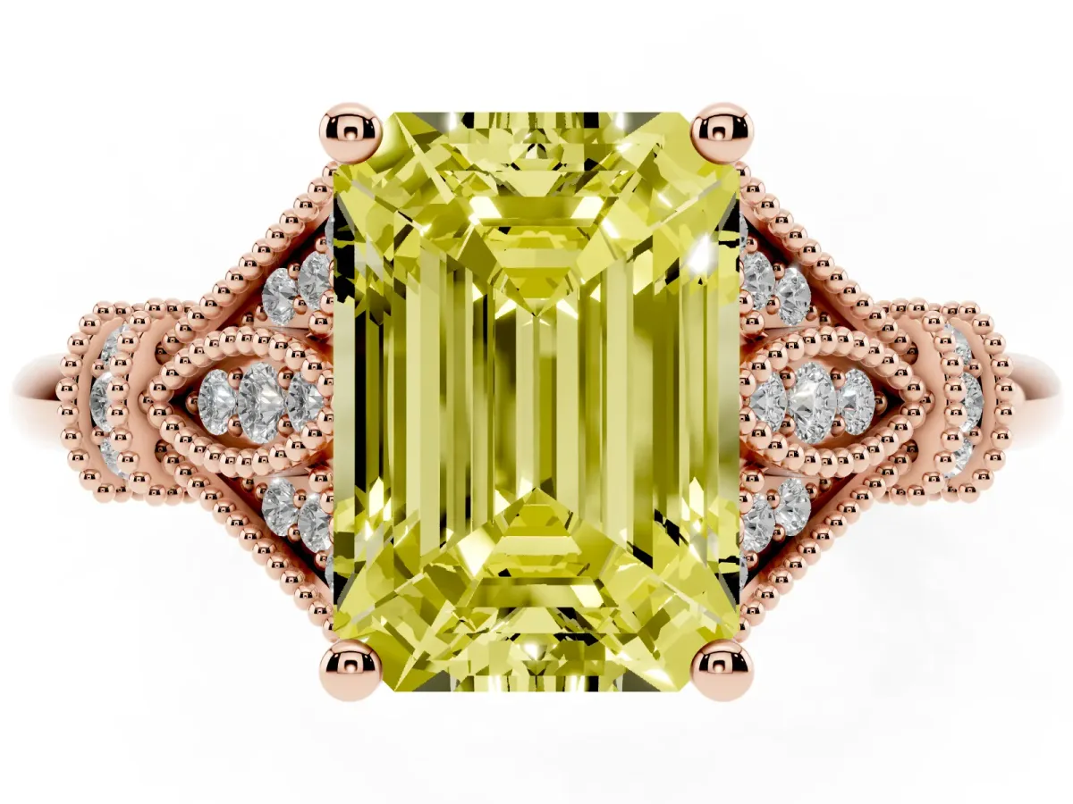 Fancy Yellow Emerald Cut Diamond Solitaire Ring with Floral Filigree and Pave Accents Rose gold