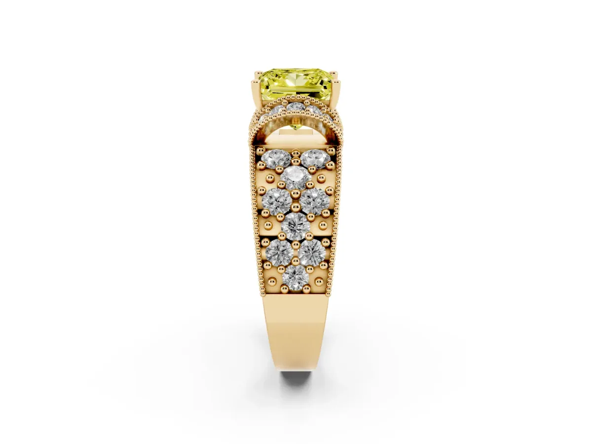 Fancy Yellow Princess Cut Halo Pave Diamond Engagement Ring with Milgrain Detailing Yellow gold