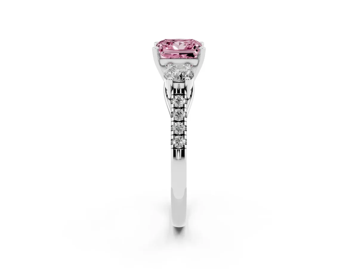 Fancy Pink Three-Stone Princess Cut Diamond Pavé Band with Four-Prong Setting Silver