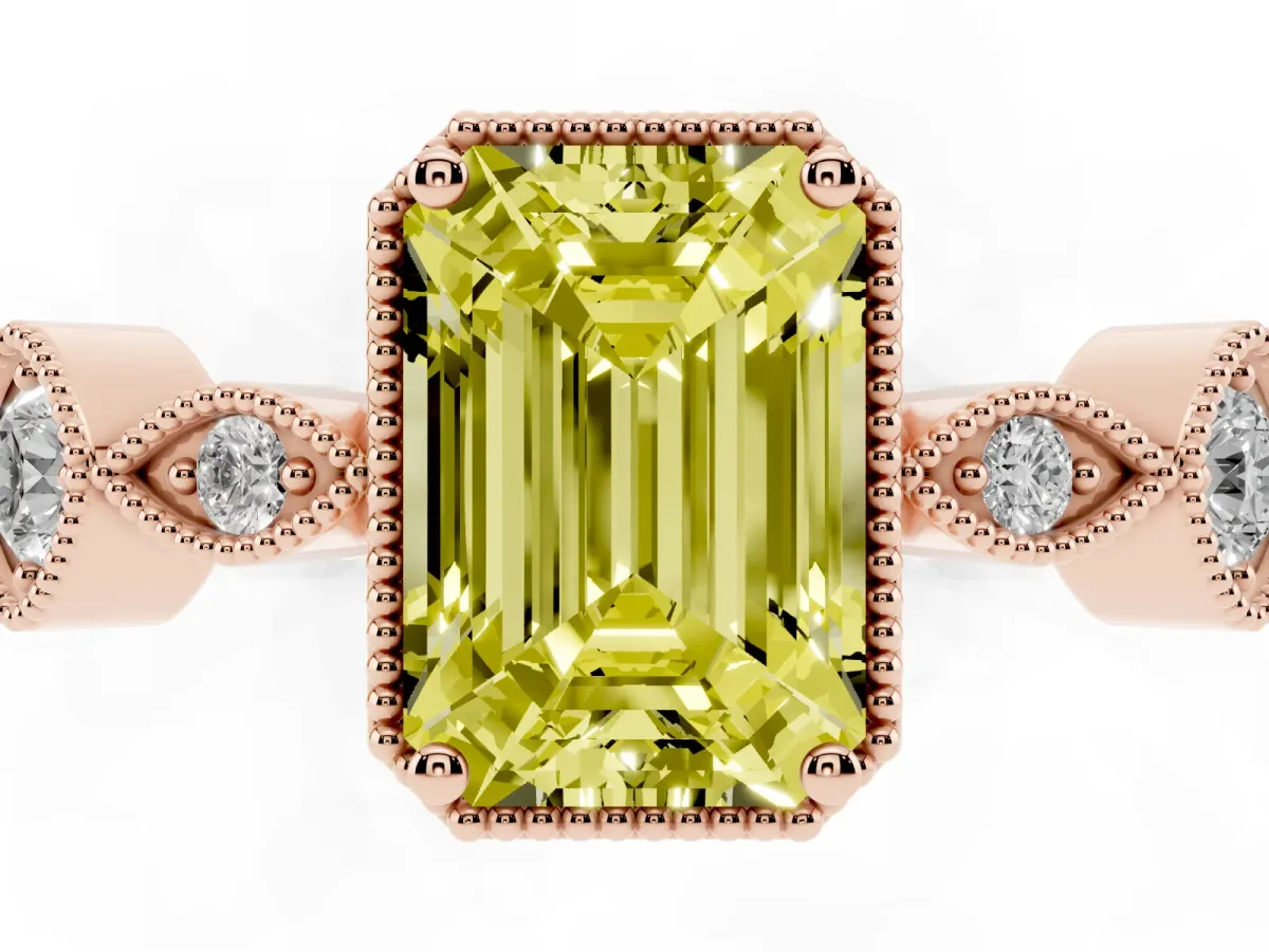Fancy Yellow Emerald Cut Diamond Vintage Milgrain Ring with Round Stations Rose gold