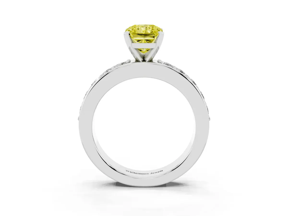 Fancy Yellow Radiant Cut Diamond Engagement Ring with Channel Set Round Band and Prong Setting White gold