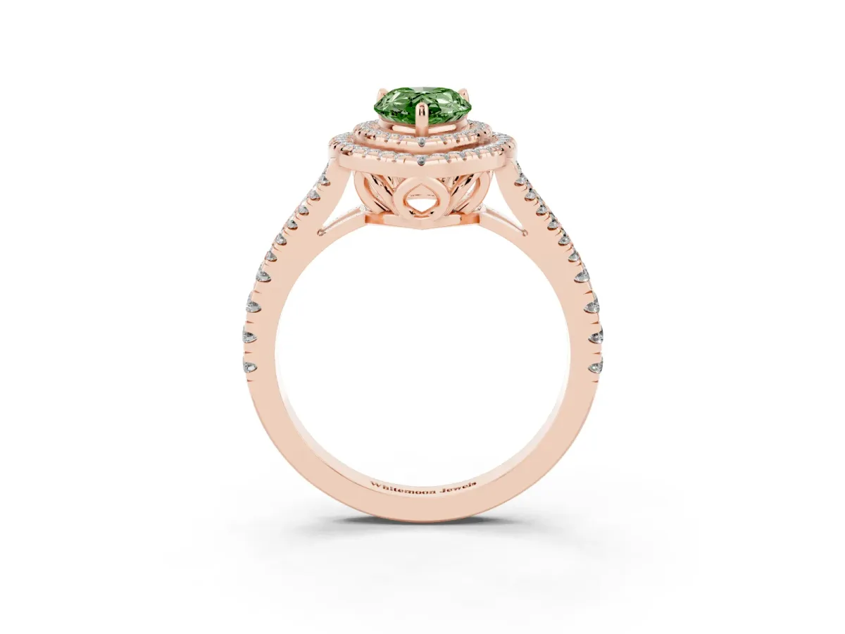 Fancy Green Pear Cut Diamond Double Halo Ring with Pavé Band and Prong Setting Rose gold