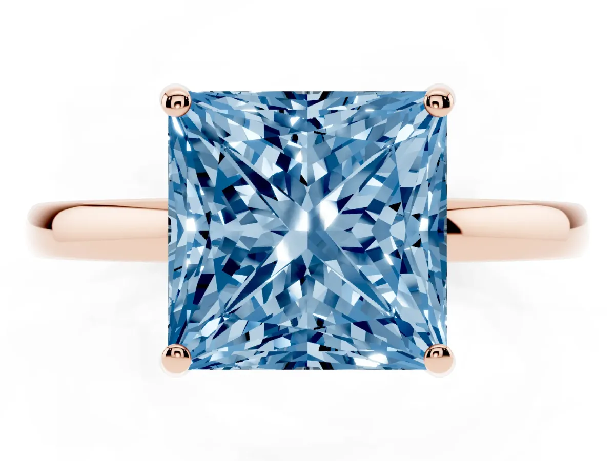 Fancy Blue Princess Cut Solitaire Diamond Ring with Prong Setting and Plain Band Rose gold
