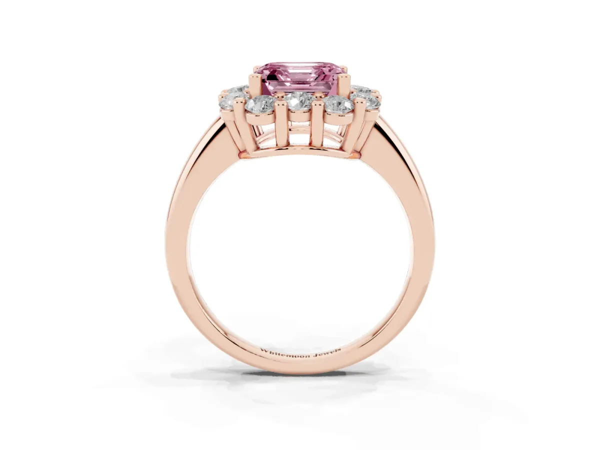 Fancy Pink Asscher Cut Halo Cluster Diamond Engagement Ring with Prong Setting and Polished Band Rose gold