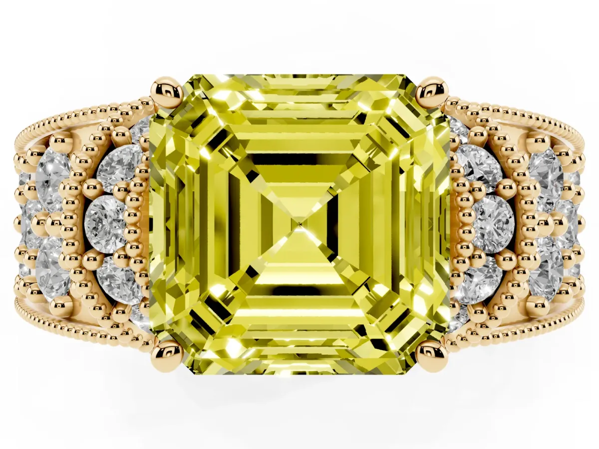 Fancy Yellow Asscher Cut Halo Pave Diamond Engagement Ring with Milgrain Detailing Yellow gold