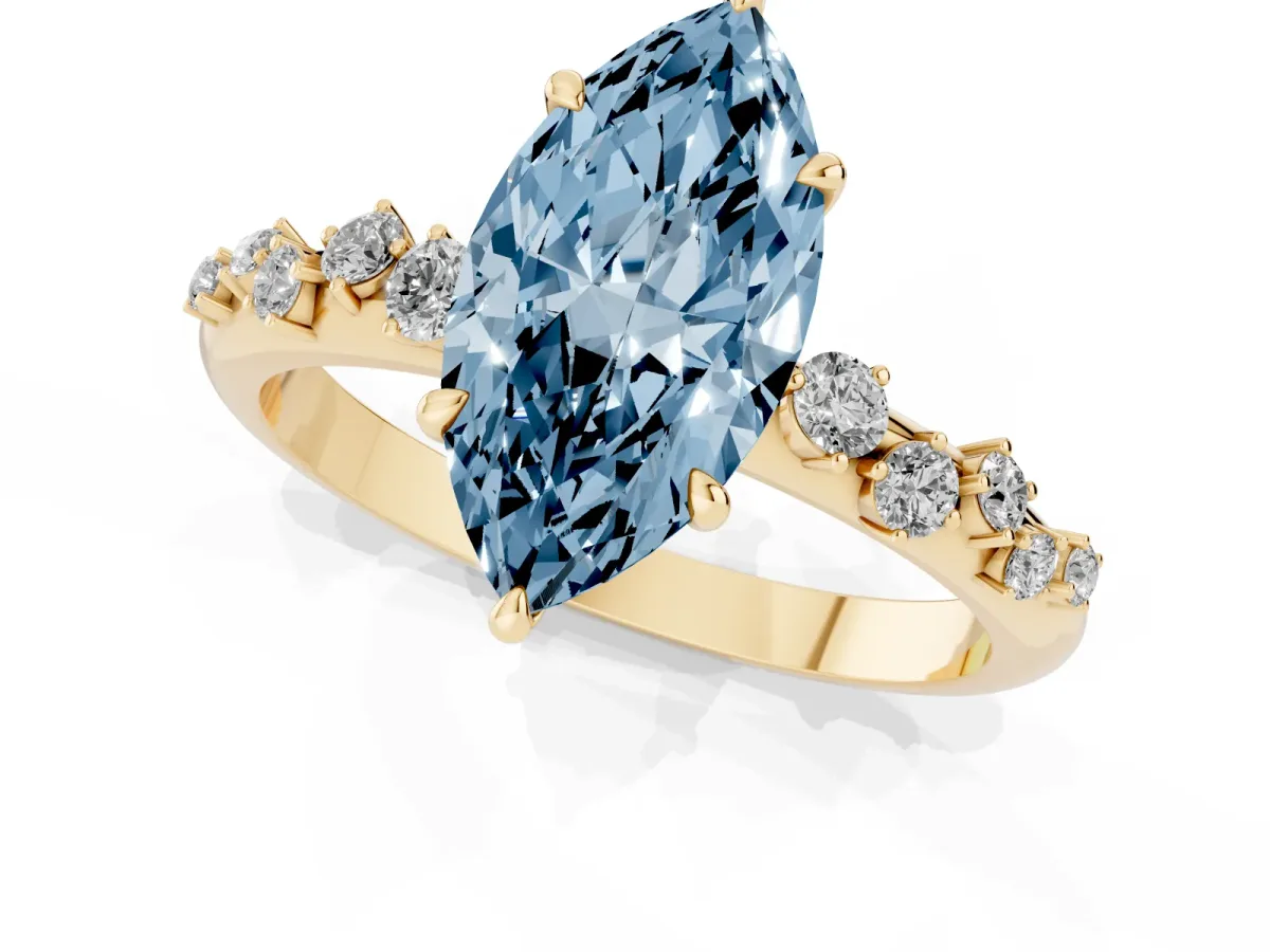 Fancy Blue Marquise Cut Diamond Cluster Prong-Set Solitaire Ring Yellow gold